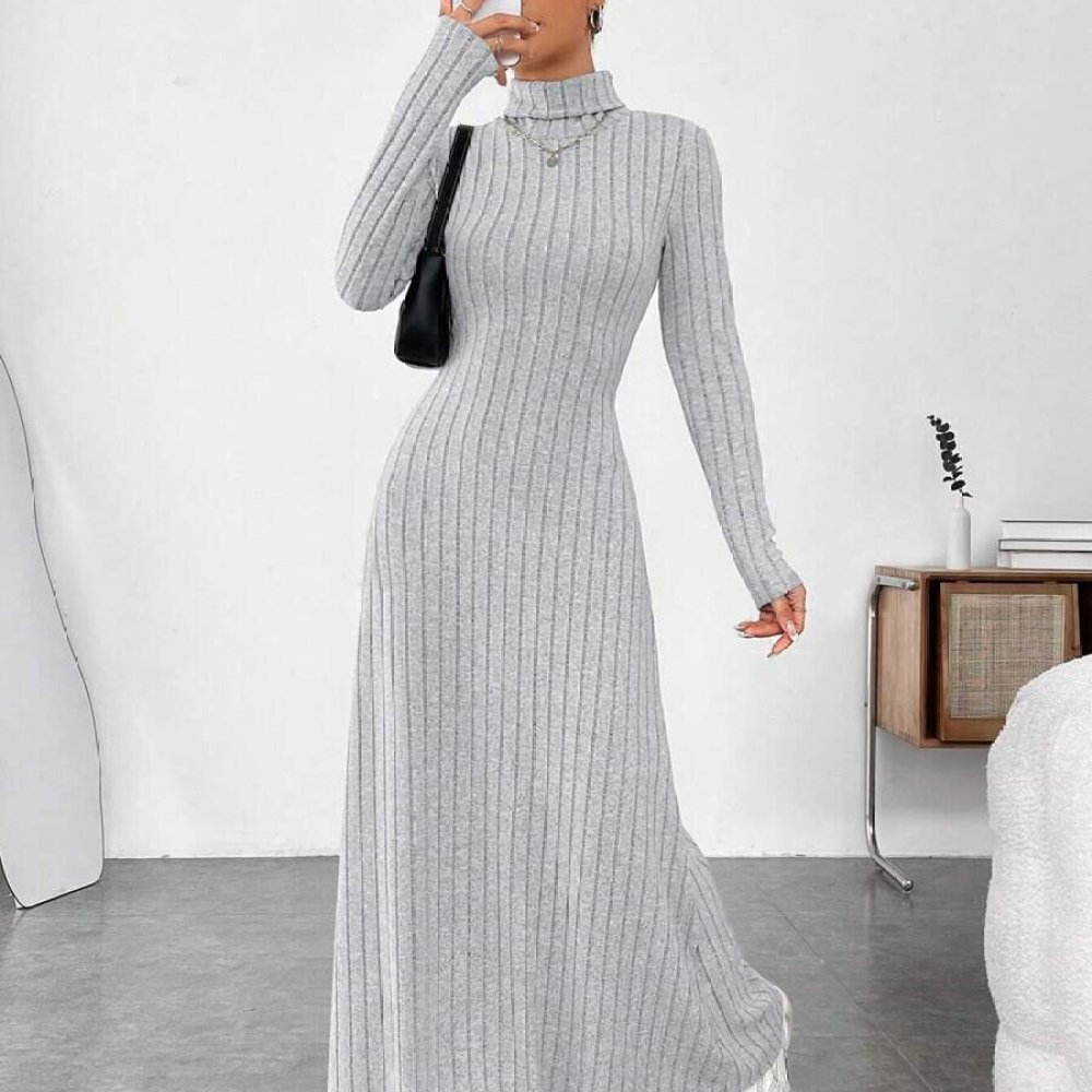 Bodycon Long Sleeve Ribbed Dress - Elegante herfstjurk met hoge kraag, lange