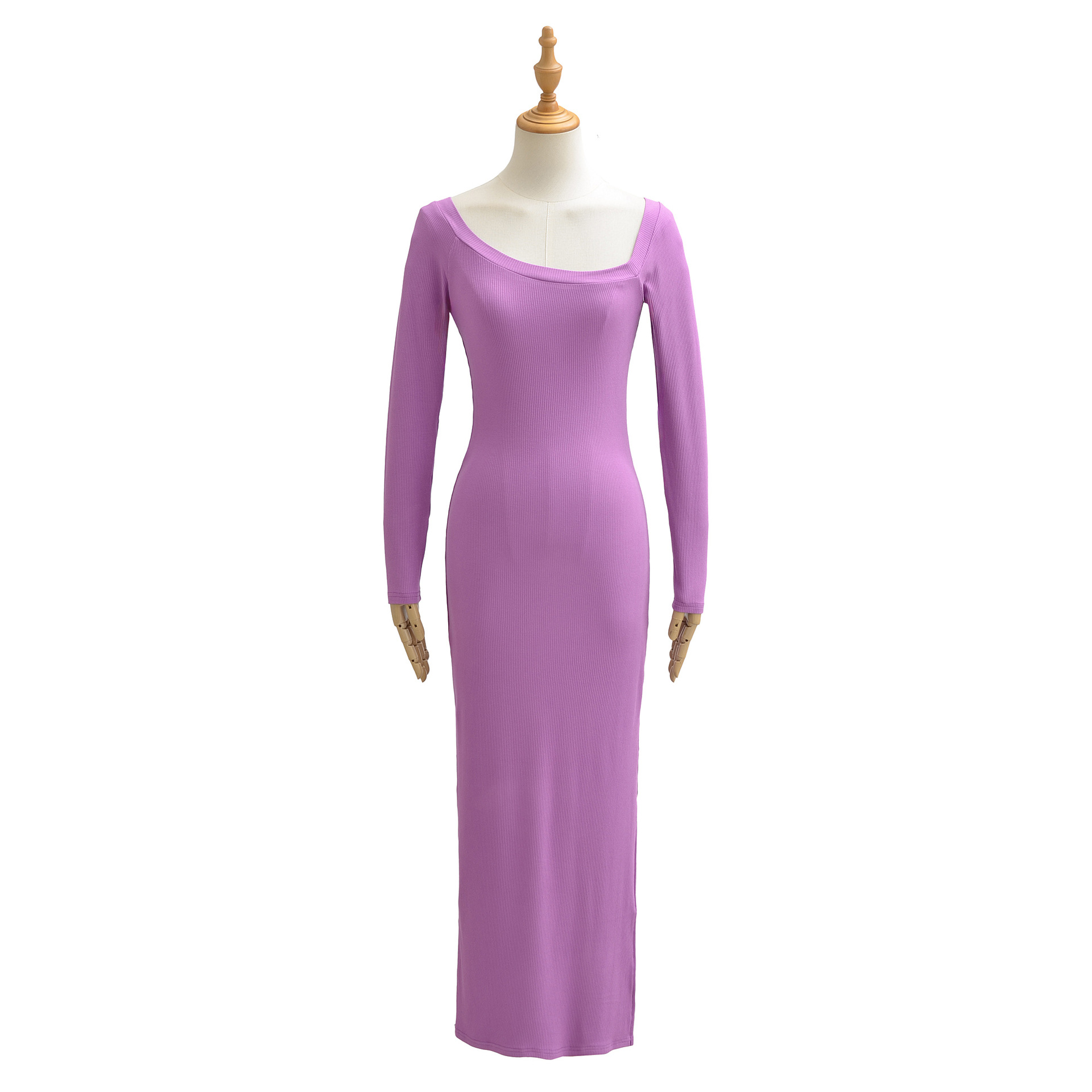 Bodycon Long Sleeve Ribbed Dress - Geribbelde jurk voor dames Vierkante halslijn