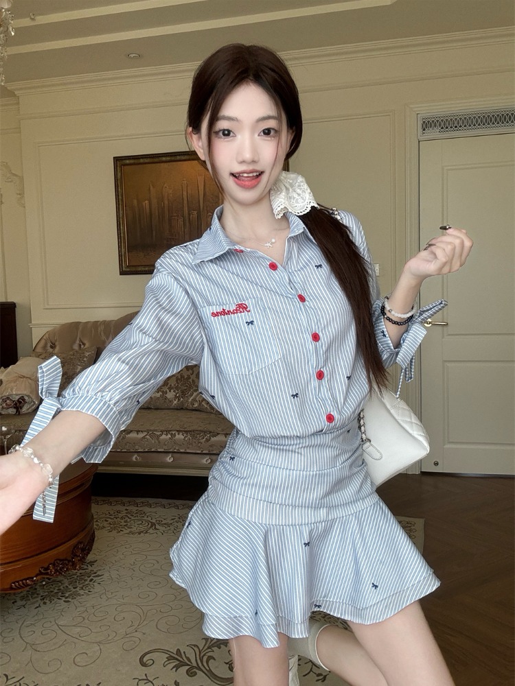 Korean Style A Line Shirt Dress - Koreaanse stijl casual gestreepte overhemdjurk blauwe