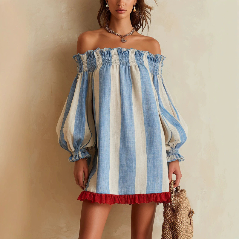 Off Shoulder Puff Sleeve Sundress - 2026 Dames Off-the-Shoulder Jurk Blauw Beige