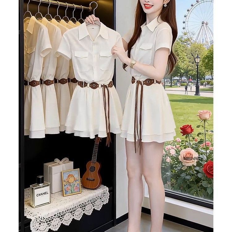 Korean Style A Line Shirt Dress - Koreaanse stijl overhemdjurk met korte mouwen,