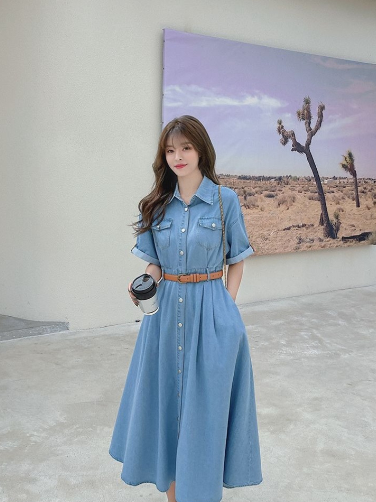 Korean Style A Line Shirt Dress - Dames Denim Jurk 2026 Zomer Nieuwe