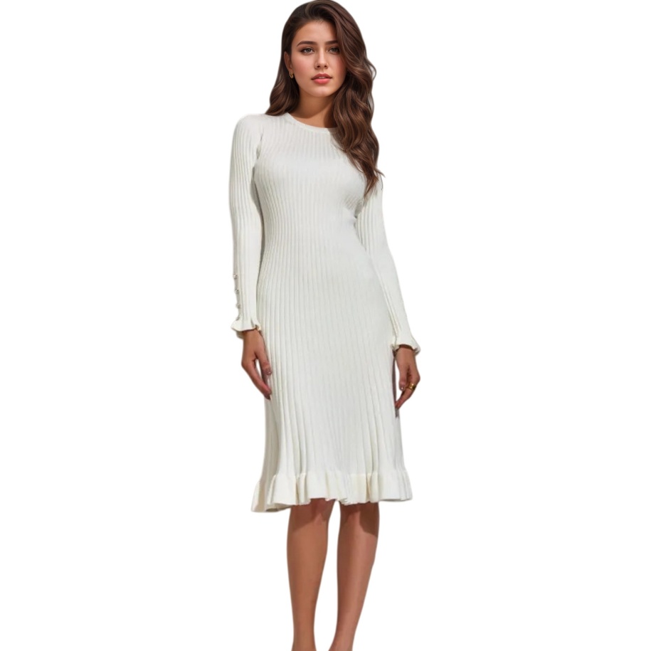 Bodycon Long Sleeve Ribbed Dress - Geribbelde bodycon-jurk met lange mouwen voor