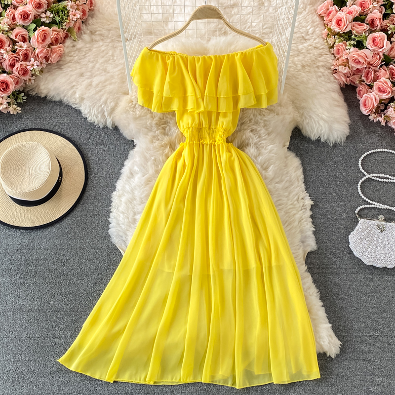 Off Shoulder Puff Sleeve Sundress - Gele Effen Dames Strandjurk Voor Meisjes