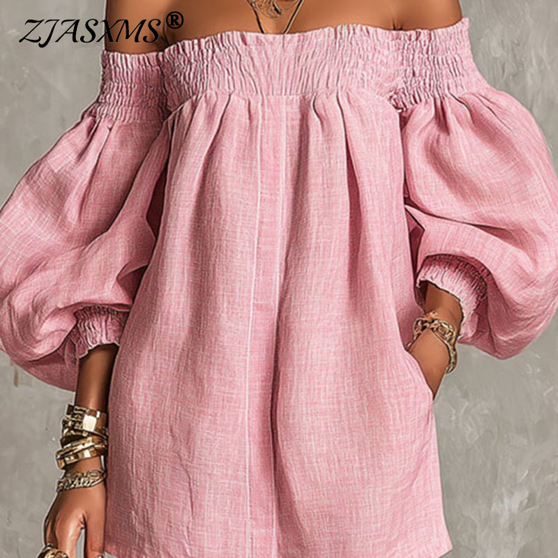 Off Shoulder Puff Sleeve Sundress - Dames Effen Off-shoulder Nieuwe Jurk Lange