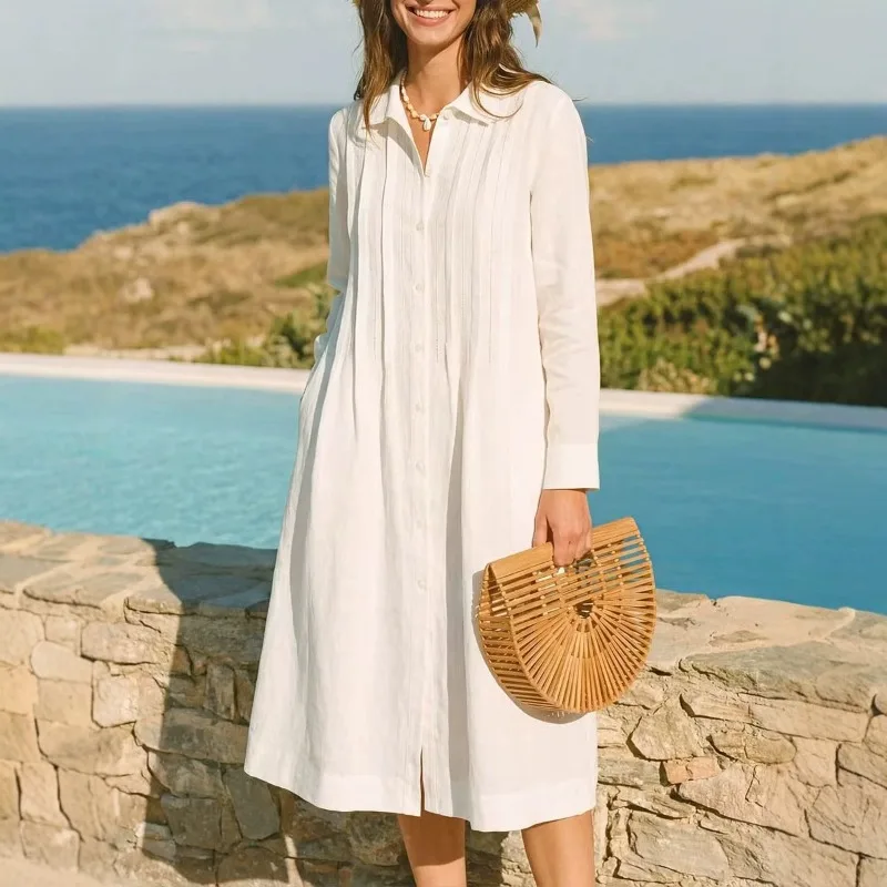 Casual Loose Linen Shirt Dress - Europese effen lange jurk, losse casual