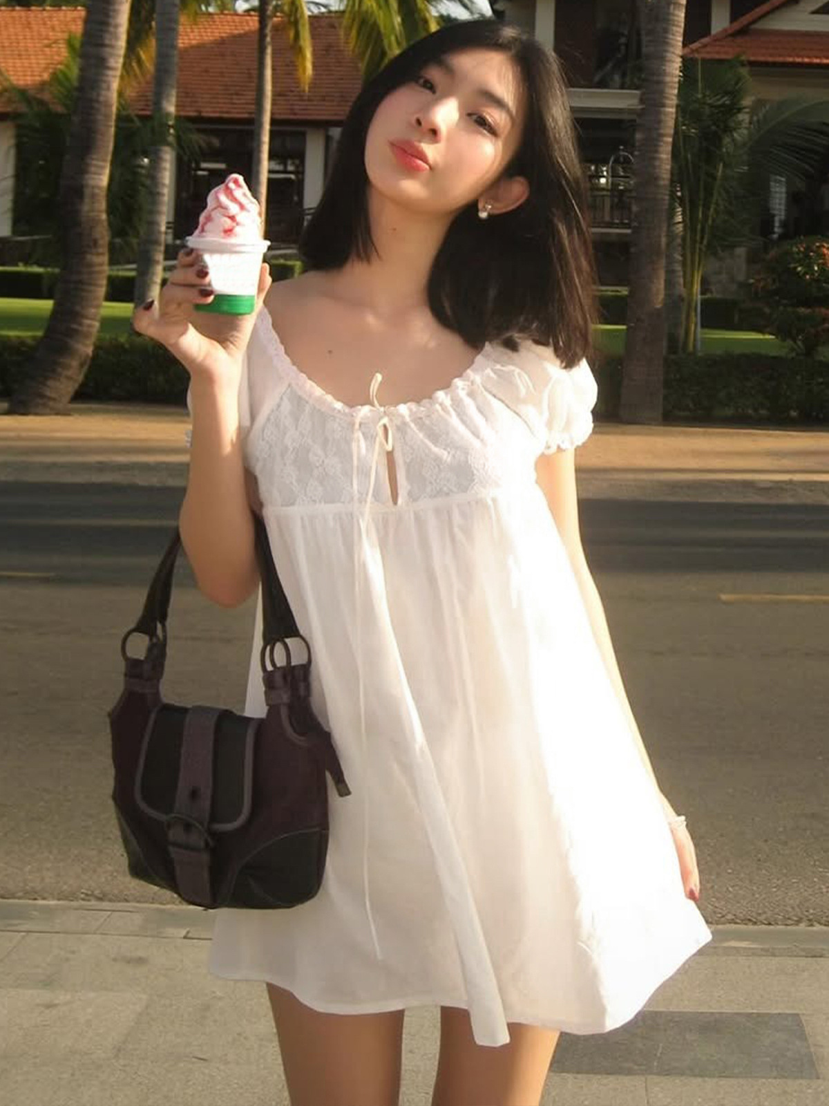 Off Shoulder Puff Sleeve Sundress - Witte off-shoulder kanten babydoll mini-jurk dames