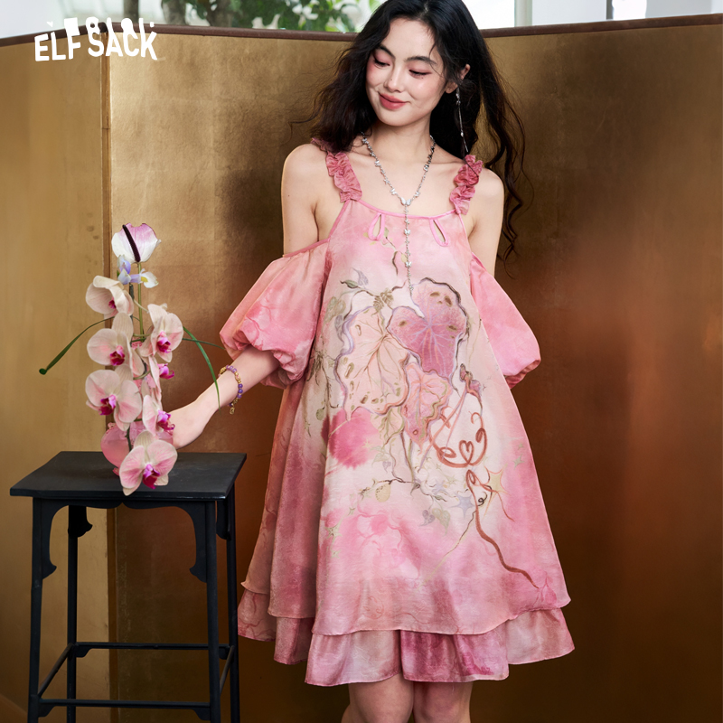 Off Shoulder Puff Sleeve Sundress - ELFSACK Tie-Dye jacquard chiffonjurk voor dames,