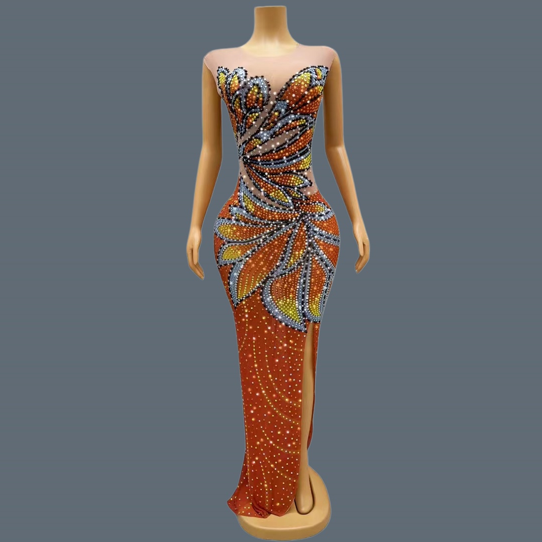 Sparkly Rhinestone Club Party Dress - Dames mouwloze mesh maxi-jurk monarchvlinder sprankelende