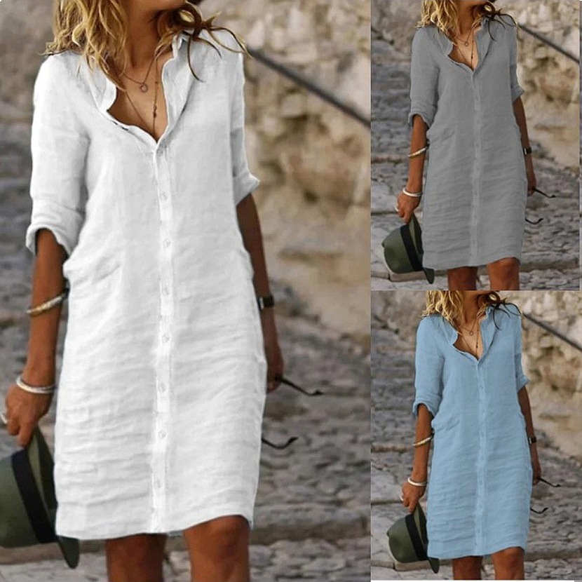 Casual Loose Linen Shirt Dress - Losvallende knoop midi shirtjurk van katoen
