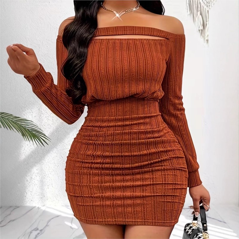 Bodycon Long Sleeve Ribbed Dress - Damesmode Jurk Lente Herfst Elegant Off-shoulder