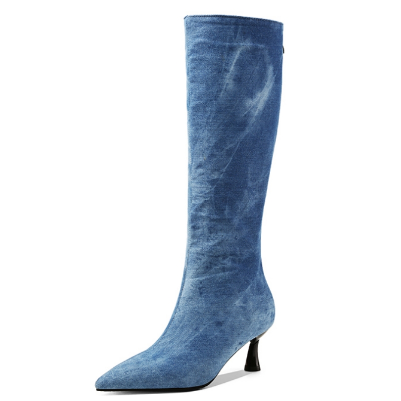 Jeans - Blauwe Jeans Kniehoge Laarzen Damesschoenen Lente