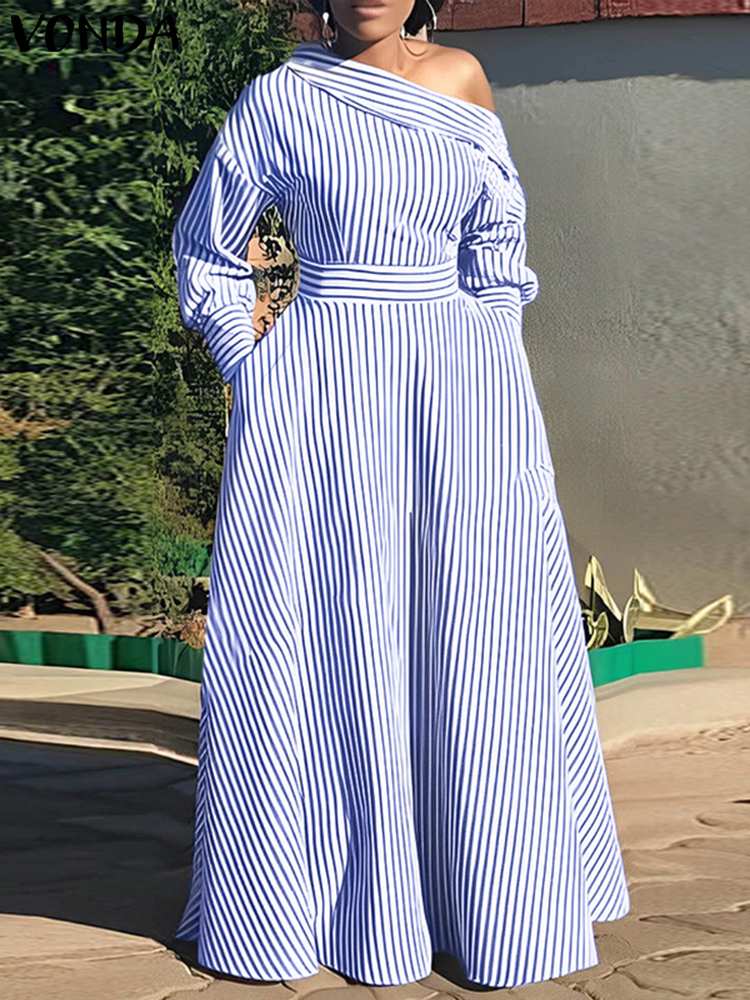 Off Shoulder Puff Sleeve Sundress - Vonda 2024 Vrouwen Elegante Gestreepte Maxi