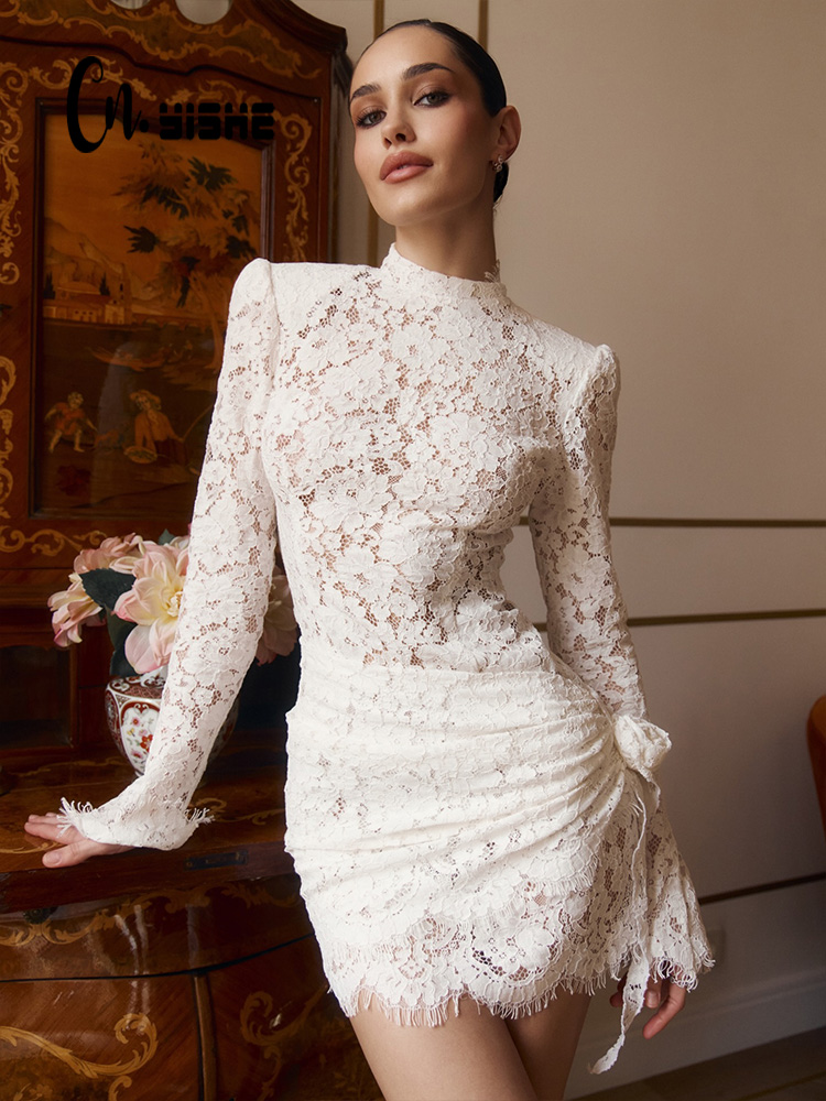 Sexy Mesh Sheer Bodycon Dress - CNYISHE Sheer Lange Mouw O Hals