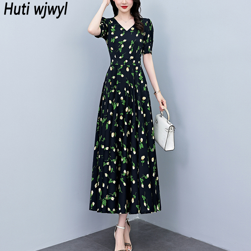 French Vintage Floral Midi Dress - Zomerjurk met korte mouwen, bodycon, lange