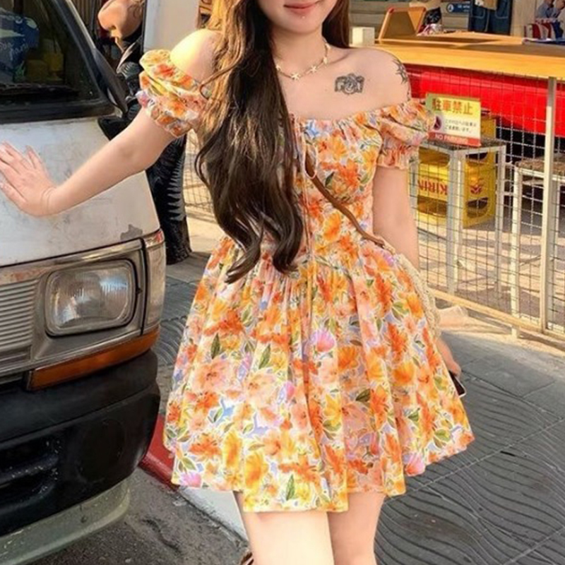 Off Shoulder Puff Sleeve Sundress - Dames oranje bloemenprint off-shoulder mini-jurk met