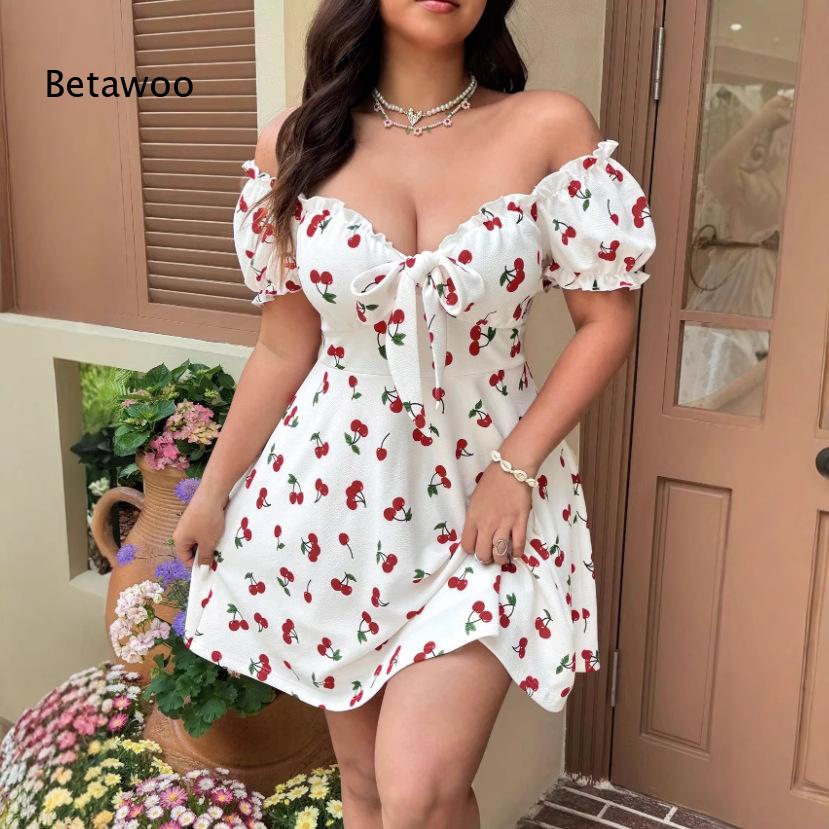 Off Shoulder Puff Sleeve Sundress - Off-shoulder mini-jurk met bloemenprint voor dames,