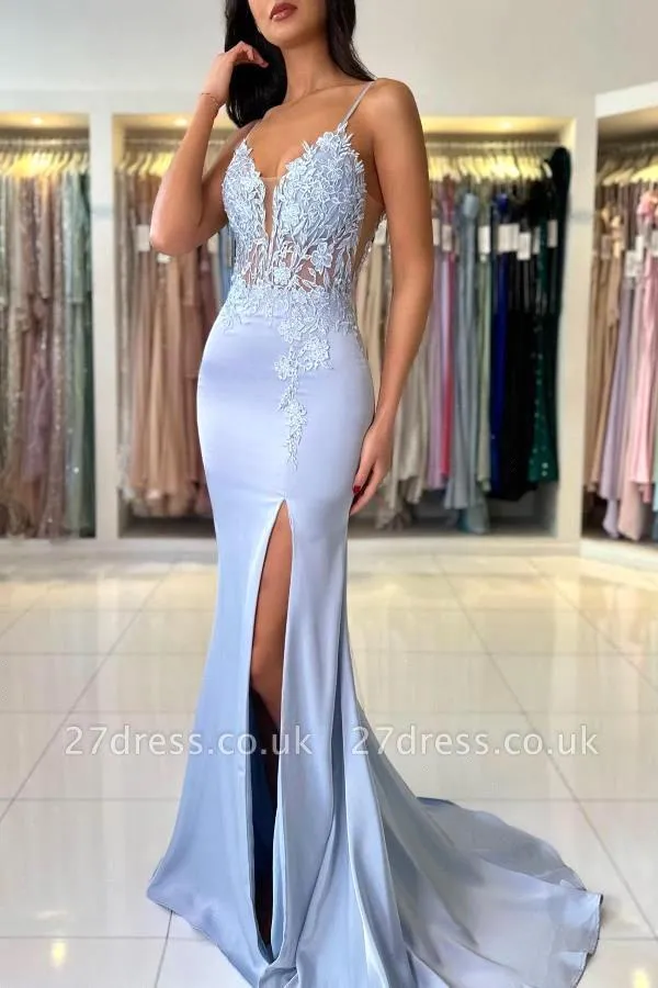 Elegant Satin Evening Gown Split - Elegante zeemeermin lichtblauwe galajurken, sexy spaghettibandjes,