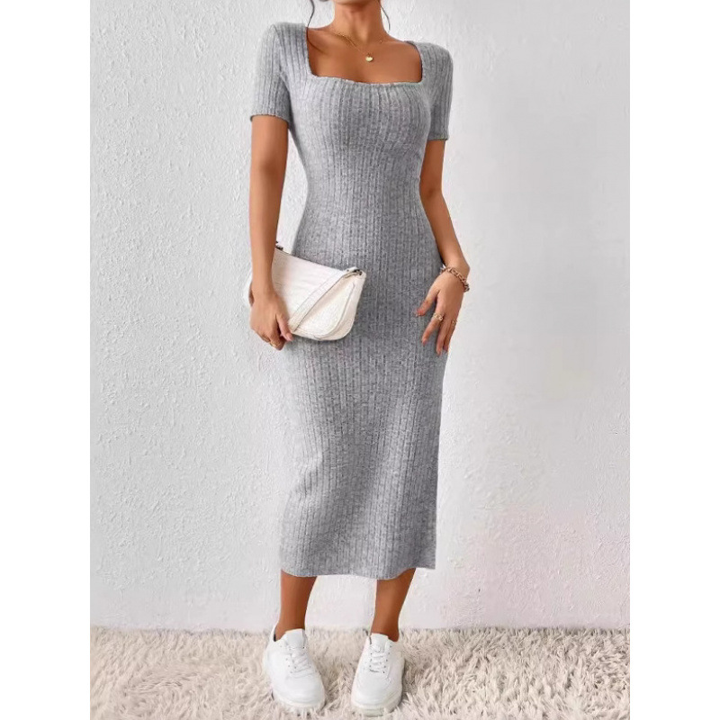 Bodycon Long Sleeve Ribbed Dress - Vintage geribbelde gebreide midi jurk voor