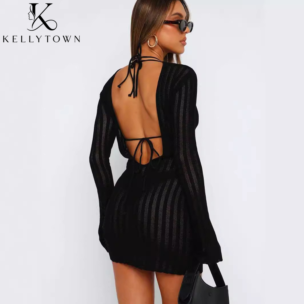 Bodycon Long Sleeve Ribbed Dress - Backless jurk sexy ribgebreide mini-jurk dames