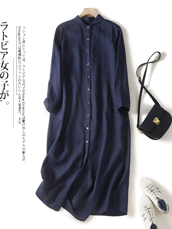Casual Loose Linen Shirt Dress - Casual katoenen linnen losse shirtjurk, afslankende