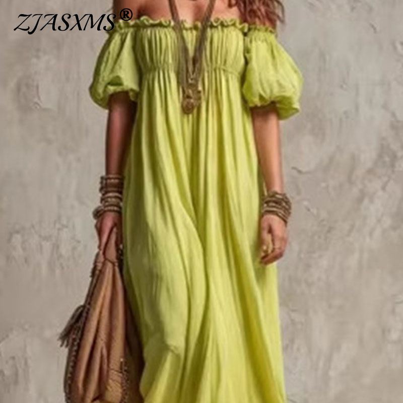 Off Shoulder Puff Sleeve Sundress - Dames elastische taille casual vakantie zomerjurk