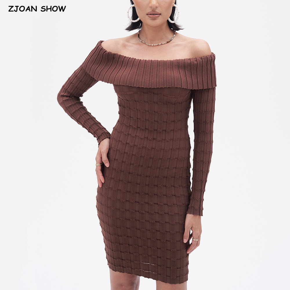 Bodycon Long Sleeve Ribbed Dress - 2025 Sexy Ruches Slash Schouder Kwastje