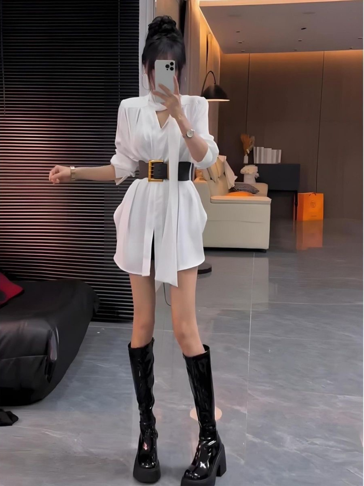 Korean Style A Line Shirt Dress - Witte zijden overhemdjurk Dames herfst hoge