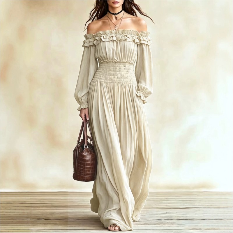 Off Shoulder Puff Sleeve Sundress - Dames off-shoulder maxi-jurk met ruches, lange