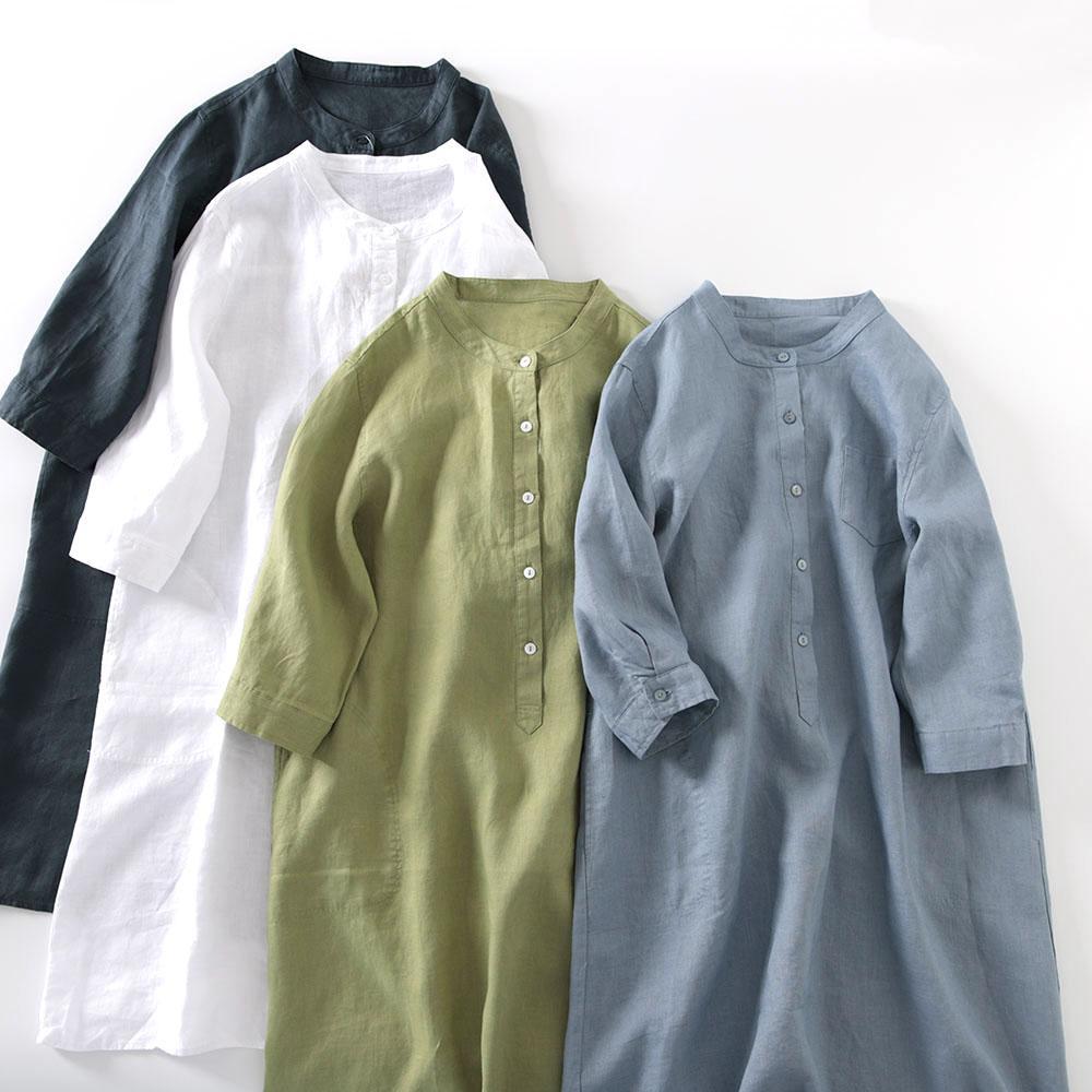 Casual Loose Linen Shirt Dress - Outlet Japanse stijl linnen overhemdjurk dames