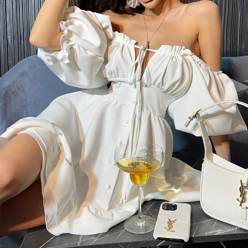 Off Shoulder Puff Sleeve Sundress - Off-shoulder mini-jurken voor dames, zomerse effen