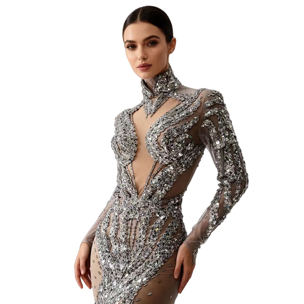 Sparkly Rhinestone Club Party Dress - Zilveren sprankelende pailletten doorzichtige bodycon mini-jurk