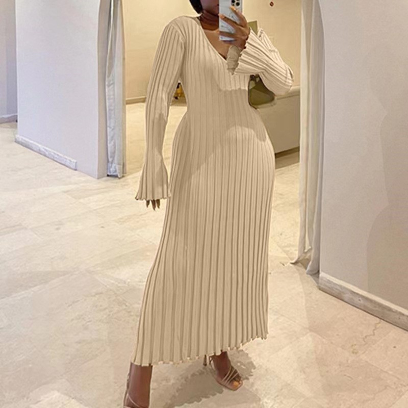 Bodycon Long Sleeve Ribbed Dress - Vrouw herfst v-hals gebreide rok mode