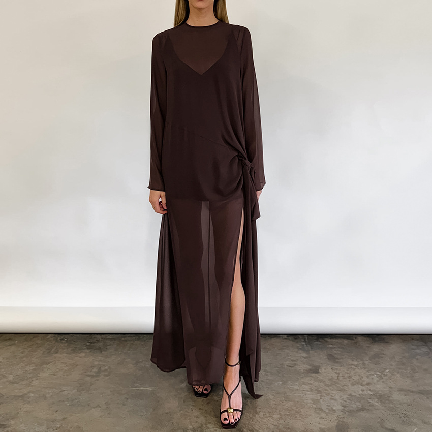 Sexy Mesh Sheer Bodycon Dress - Sexy bruine doorschijnende maxi jurk voor