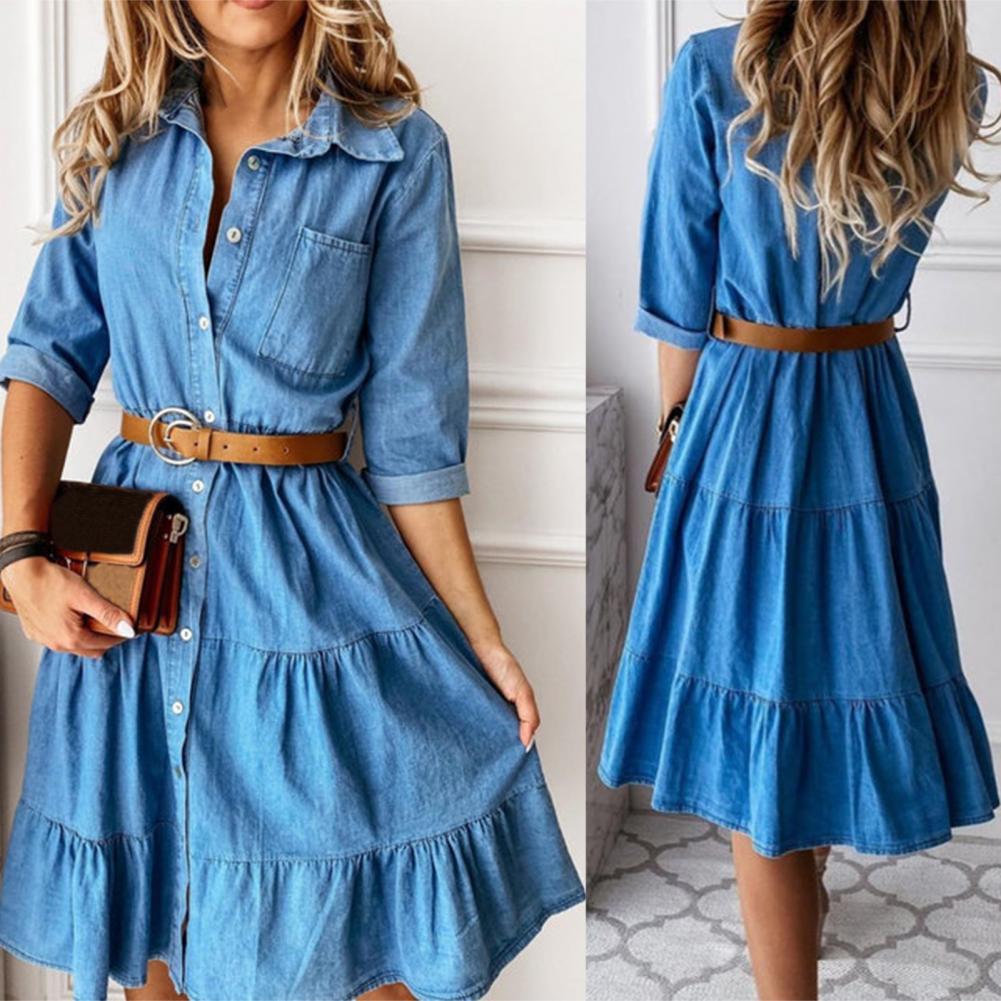 French Vintage Floral Midi Dress - Denimjurk met driekwartmouwen, riem, omslagkraag, knopen