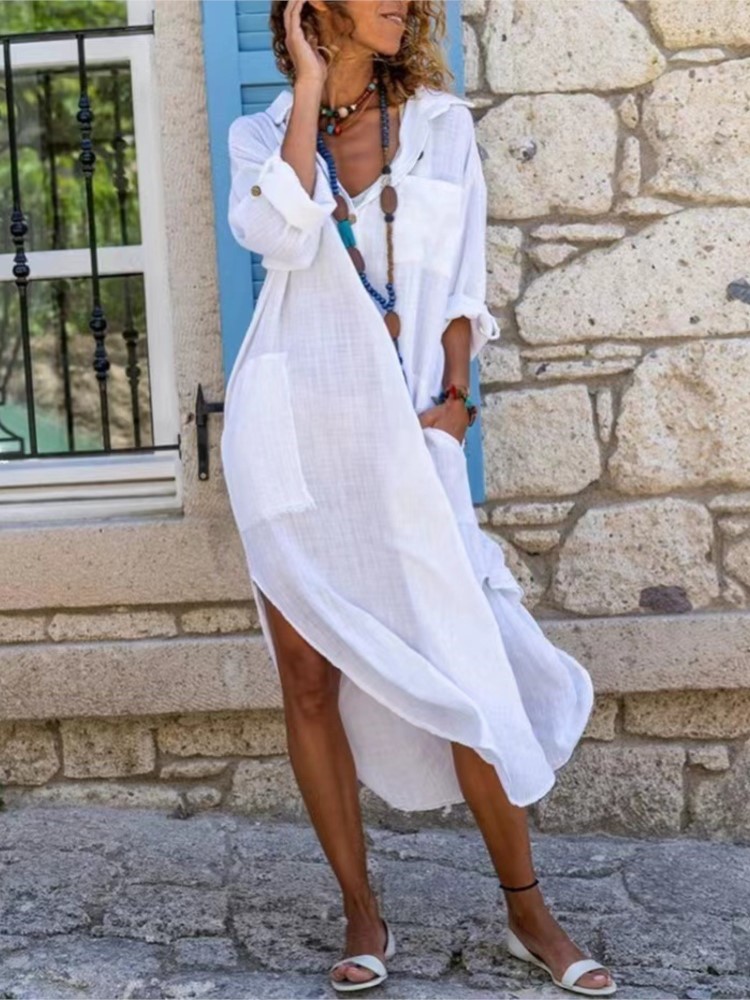 Casual Loose Linen Shirt Dress - Witte damesoverhemdjurk effen kleur knop split
