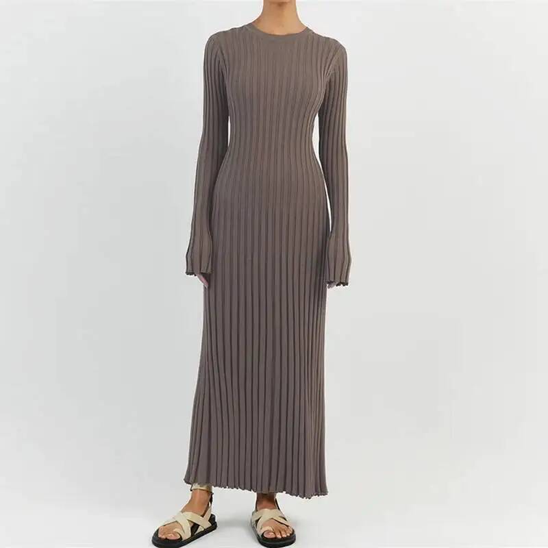 Bodycon Long Sleeve Ribbed Dress - Vrouwen elegante geribbelde gebreide maxi-jurk met