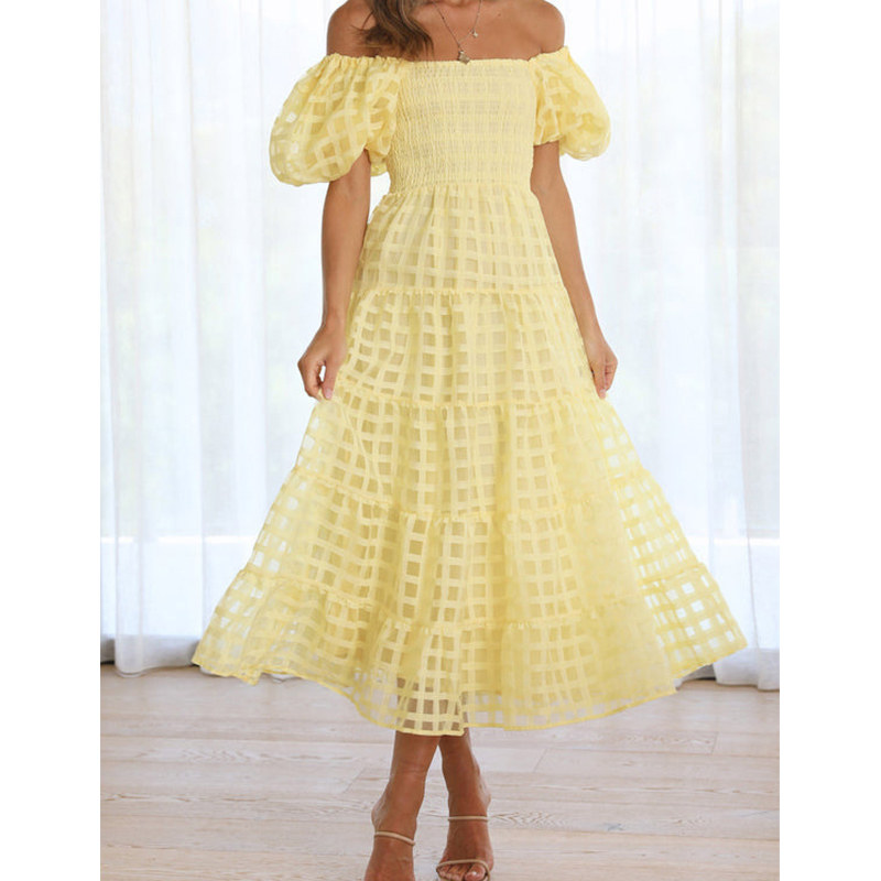 Off Shoulder Puff Sleeve Sundress - Elegante off-shoulder dames zomer lange jurk
