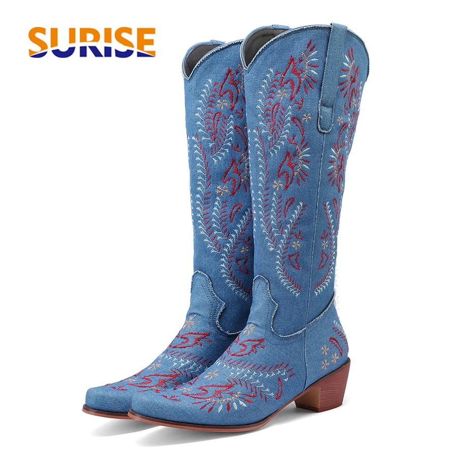 Jeans - Blauwe denim westerse cowgirl kniehoge laarzen