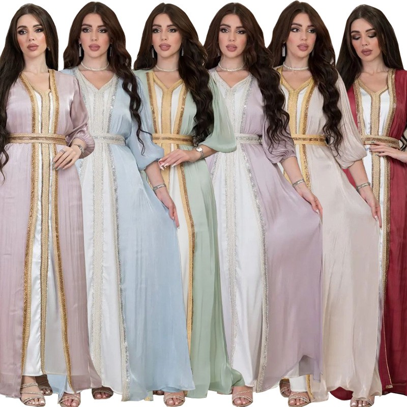 Dresses - Lavendelkleurige paillettenjurk met V-hals, pofmouwen, satijnen