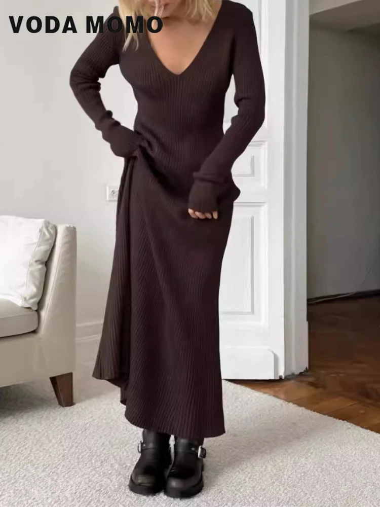 Bodycon Long Sleeve Ribbed Dress - Lange mouwen Veelzijdige bodycon maxi-jurken Retro