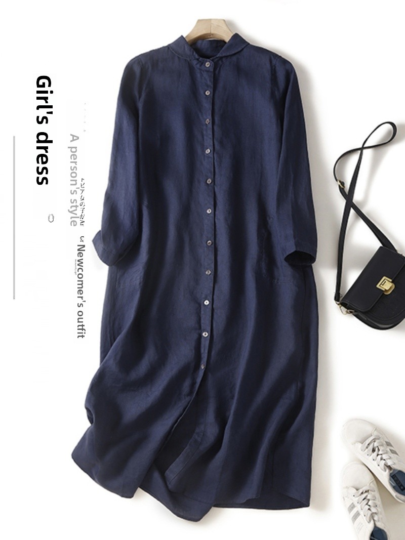 Casual Loose Linen Shirt Dress - Linnen-katoenmix casual shirtjurk met lange mouwen,