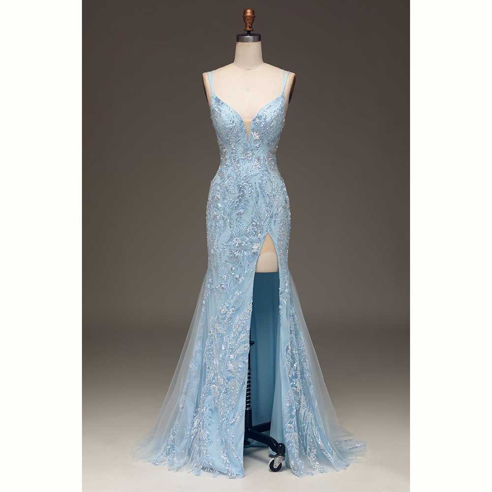 Elegante lichtblauwe satijnen  - Elegant Satin Evening Gown Split recensie en prijs