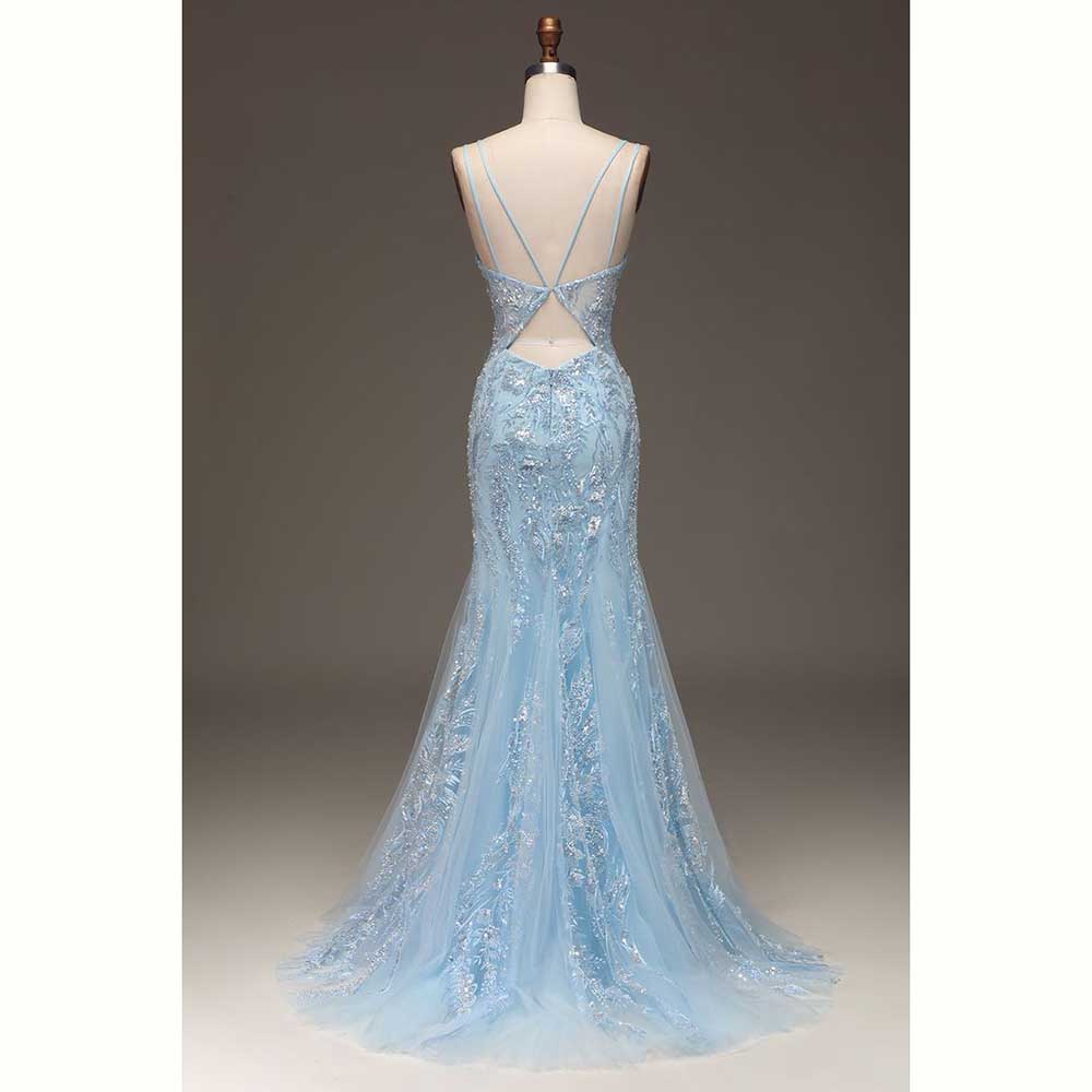 Elegante lichtblauwe satijnen  - Elegant Satin Evening Gown Split recensie en prijs