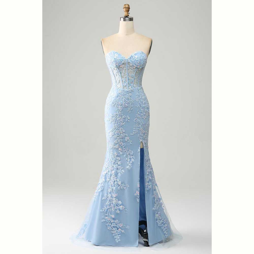 Elegante lichtblauwe satijnen  - Elegant Satin Evening Gown Split recensie en prijs