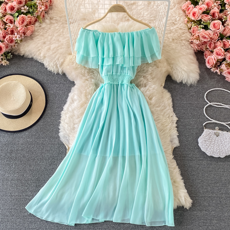 Gele Effen Dames Strandjurk Vo - Off Shoulder Puff Sleeve Sundress recensie en prijs