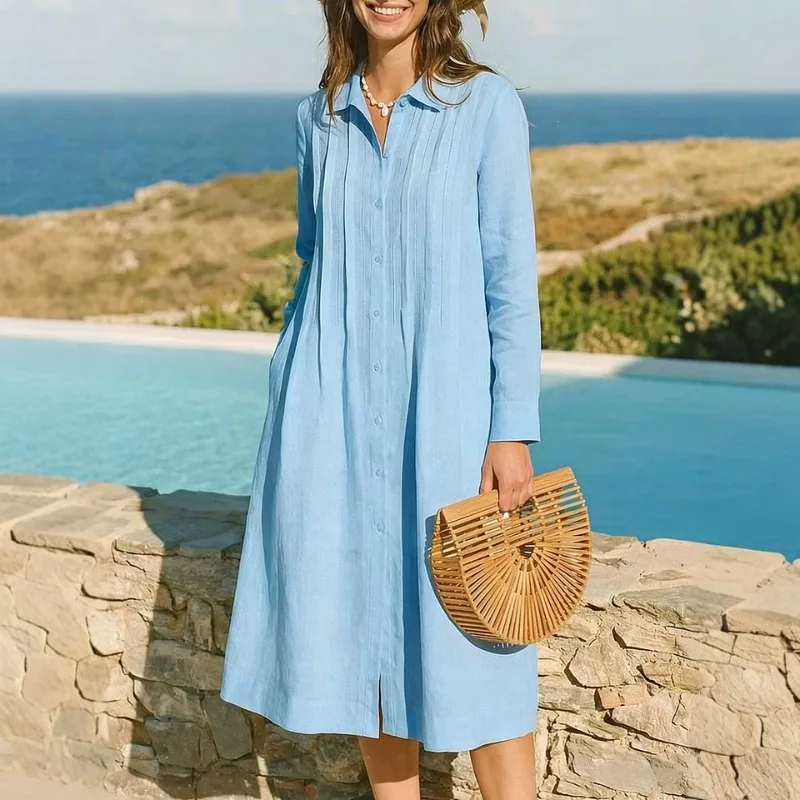 Europese effen lange jurk, los - Casual Loose Linen Shirt Dress recensie en prijs