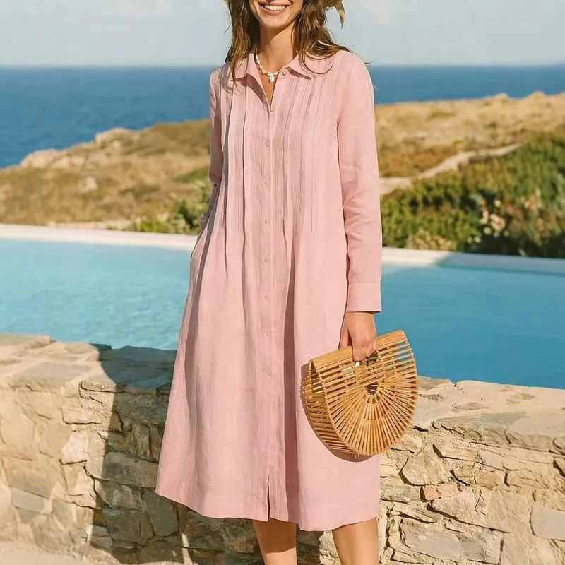 Europese effen lange jurk, los - Casual Loose Linen Shirt Dress recensie en prijs