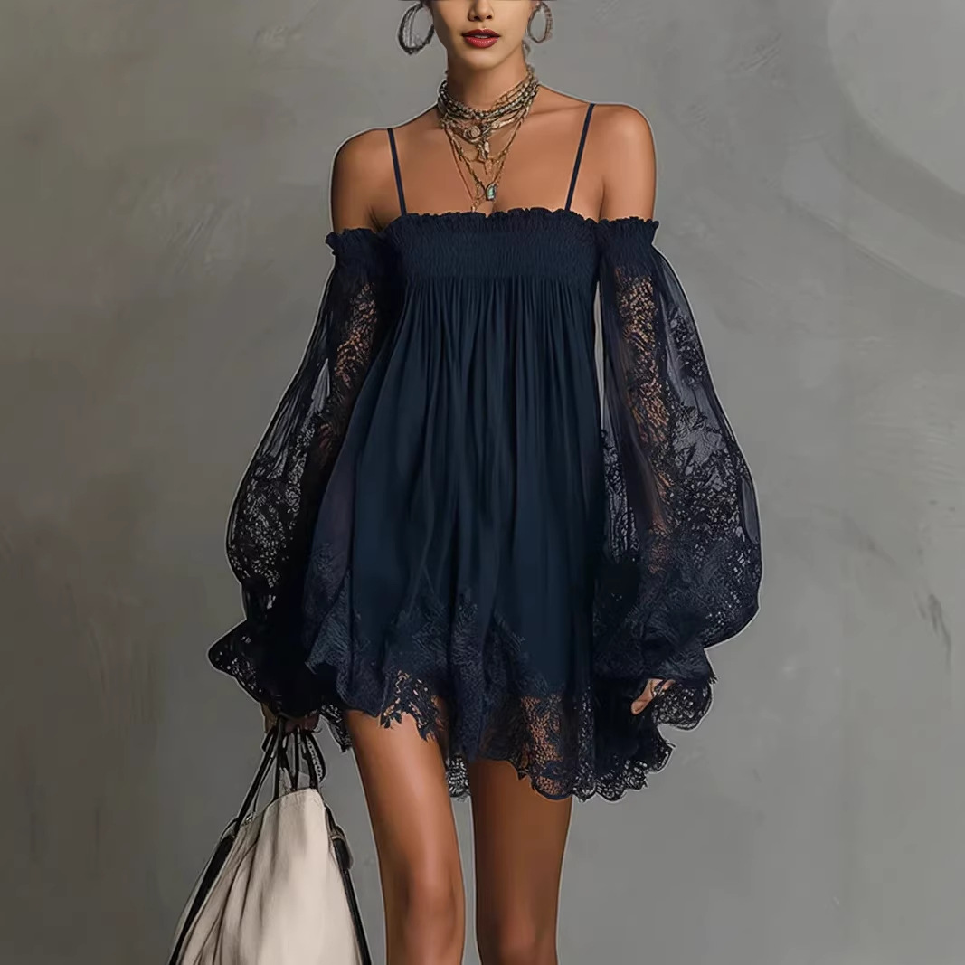 Off-shoulder kanten mini-jurk  - Off Shoulder Puff Sleeve Sundress recensie en prijs