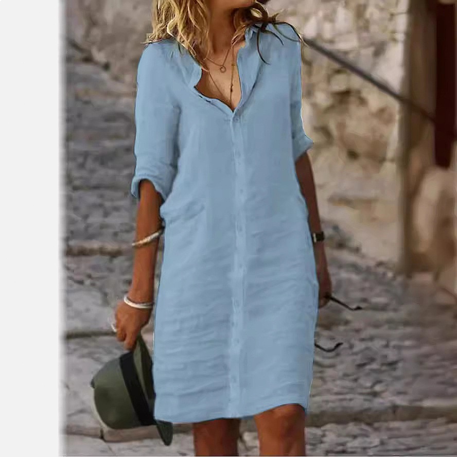 Losvallende knoop midi shirtju - Casual Loose Linen Shirt Dress recensie en prijs